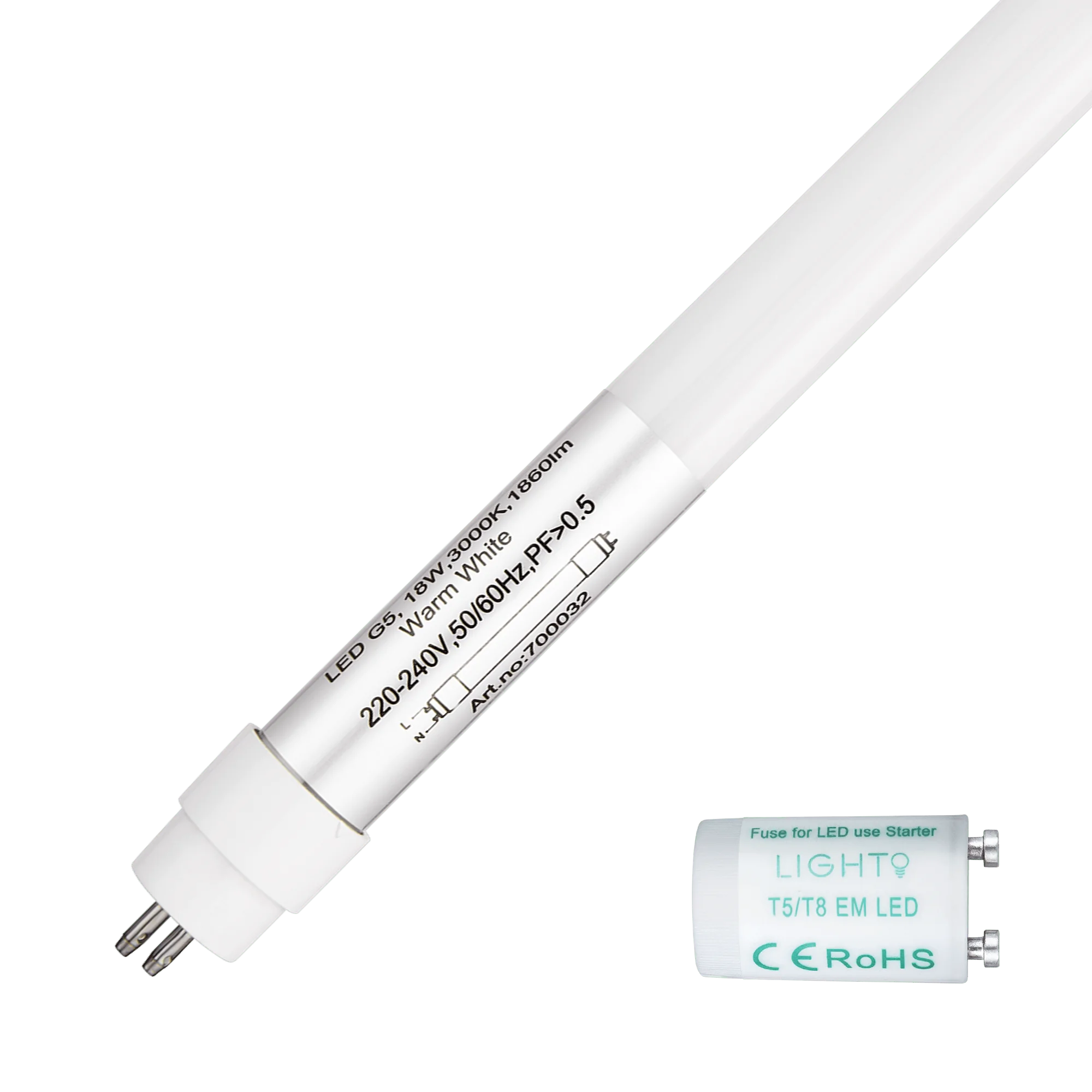 Lighto | LED fluorescent tube | T5 | 18W | 110lm/W | 120cm | 830 Warm White | replaces 28W fluorescent tube | EM/Mains